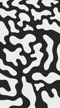A contemporary vertical background featuring fluid, organic white shapes scattered across a dark grey backdrop overlaid with a subtle geometric grid pattern.