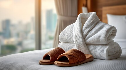 Luxury hotel room setting showing a white bathrobe and slippers laid out on a pristine bed with soft morning light from the window.