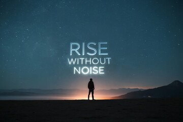 Man Silhouetted Under Stars With Inspiring 'Rise Without Noise' Text