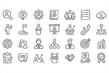 Black and White HR Management and Team Building Outline Icons