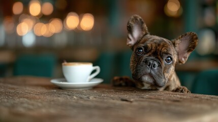 A charming French Bulldog eagerly peeking over a rustic wooden table adorned with an elegant coffee cup in a cozy café ambiance, perfect for pet lovers and coffee enthusiasts.
