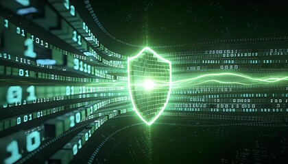 Cyber security digital shield data protection network defense firewall concept glowing technology binary code encryption green energy futuristic background cybersecurity shield digital data - Powered by Adobe