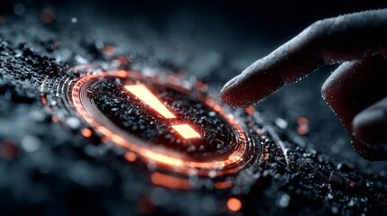 Futuristic digital interface activation with glowing orange circuit board and human finger touching glowing exclamation point for warning or alert concept