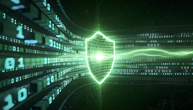 Cyber security digital shield data protection network defense firewall concept glowing technology binary code encryption green energy futuristic background cybersecurity shield digital data