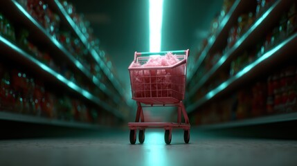 A vibrant pink shopping cart sits empty in an illuminated grocery aisle, creating a striking visual contrast with the product-filled shelves in the background.