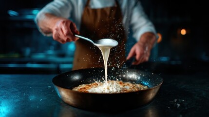 An exquisite image of a chef preparing a dish, carefully sprinkling cream with precision in a professional kitchen, showcasing culinary art and the passion of cooking.