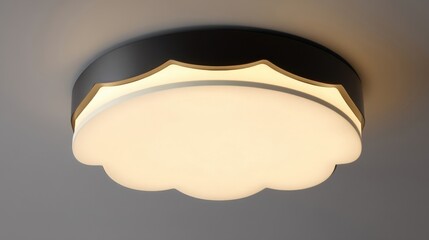 An elegant ceiling light fixture with cloud-shaped illumination and golden trim stands out against a neutral gray wall,