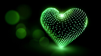 Glowing green digital heart shape with futuristic dots, abstract technology background, vibrant and dynamic energy visualization, defocused background, with copy space