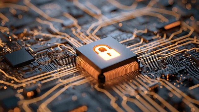 Secure Circuit: A detailed view of a computer circuit board, with a glowing lock symbol highlighting the importance of digital security.