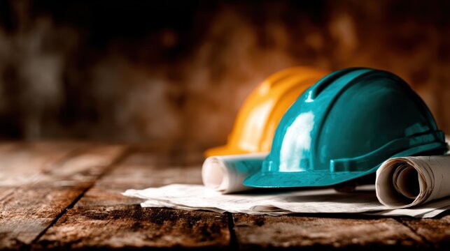 Two construction helmets, one turquoise and one orange, rest atop rolled blueprints in a rustic workshop, symbolizing teamwork and professionalism in the building industry. - Powered by Adobe