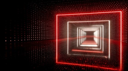A futuristic tunnel with layered square frames glows in red and white. The walls are covered in tiny lights