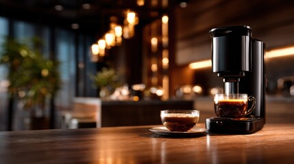 A sleek coffee machine presents freshly brewed coffee in stylish cups, capturing the essence of modern coffee culture and the pleasure of a cozy atmosphere.