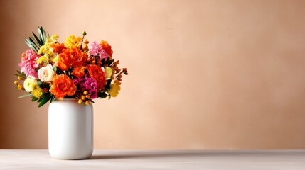 An exquisite bouquet of colorful flowers fills a sleek white vase against a soft, neutral background, representing joy, beauty, and the freshness of nature in modern decor.
