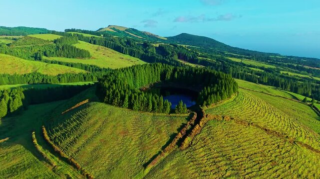 Aerial View of Lagoa de Pau Pique Volcano Lake in Sao Miguel
