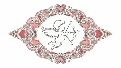 An ornate Valentine's Day illustration featuring Cupid shooting an arrow surrounded by hearts and floral patterns
