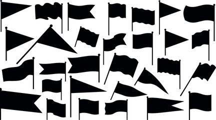 Collection of Black Flag Silhouettes and Pennant Vector Icons Set Isolated on White Background for Decoration Signs and Logo Templates