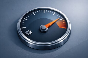 Schematic design of a precision speedometer with an orange indicator needle symbolizing performance metrics and measurement accuracy foregrounded on a textured gray backdrop