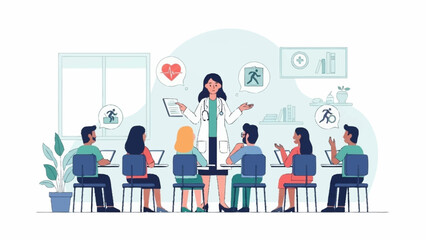 Professional Team Meeting with Female Leader Discussing Health and Technology in Modern Office Environment from Front Viewpoint