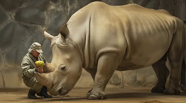 A zookeeper kneels to carefully hand-feed a massive white rhinoceros in its enclosure, showcasing a gentle moment of trust and care between human and animal