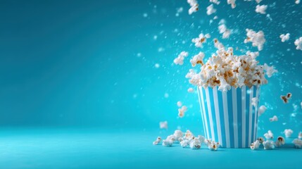 A vibrant image of popcorn spilling out from a blue striped bucket, capturing the essence of movie night and snack time excitement in a playful and lively atmosphere.