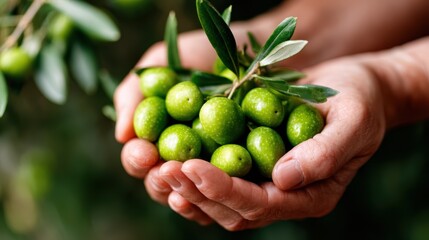 An intimate close-up of hands gently holding vibrant green olives, symbolizing nature’s bounty and the connection between people and the earth in a lush environment.