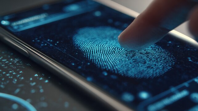 Medium shot of a mobile device scanning biometric data against a secure identity check system for financial service access - Powered by Adobe