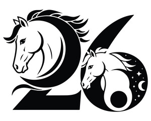 Black and white horse animal vector illustration featuring a wild stallion head and black dragon with a tattoo symbol silhouette art for a Chinese New Year 2026 logo design
