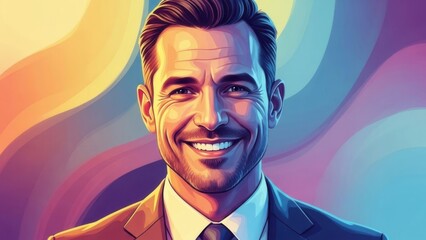 Vibrant professional portrait of a confident businessman exuding positive energy and modern success