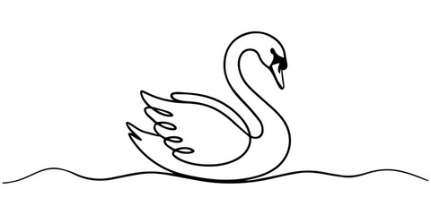 Obraz premium Swan continuous one line drawing. Editable stroke on a white isolated background. Vector illustration, Swan bird on water surface in continuous line art drawing style. Mute swan black linear sketch