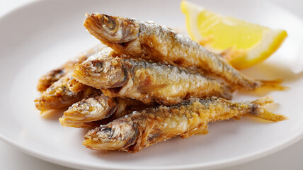 白い皿と和紙に載せた小魚の唐揚げを白背景で見せる昼の静物