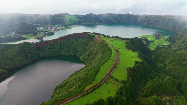 Aerial View of Lagoa das Sete Cidades Lake in Sao Miguel, Azores, Portugal