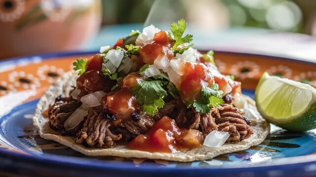 Serving Delicious Barbacoa Taco on Colorful Plate With Lime