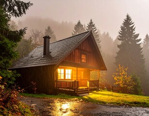 Wooden cabin glows warmly, nestled in misty forest, autumn light