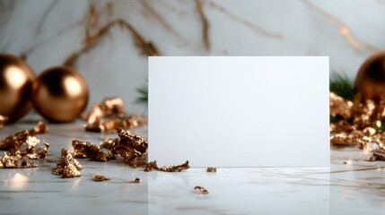 A blank card displayed amidst gold decorations and shiny accents on a marble surface, ideal for invitations or announcements, emphasizing elegance and style in your designs.