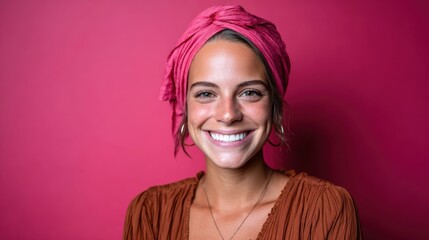 A joyful woman radiates positivity with her beautiful smile, adorned with a pink headscarf, set against a contrasting vibrant pink backdrop that amplifies her charm.