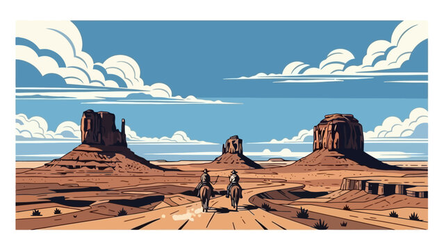 Two cowboys on horseback ride through a vast desert landscape with iconic rock formations under a cloudy blue sky.