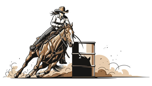 A cowgirl skillfully maneuvers her horse around a barrel during a fast-paced rodeo competition.