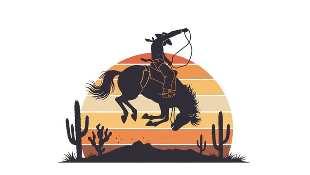 Silhouette of a cowboy riding a bucking bronco horse against a retro sunset with cacti and desert landscape.