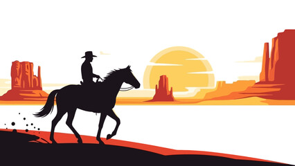 Silhouette of a cowboy riding a horse through a desert landscape at sunset.