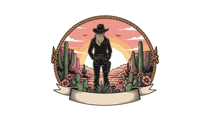 A lone cowgirl stands in a desert landscape at sunset, surrounded by cacti and wildflowers, with a banner for text. © May