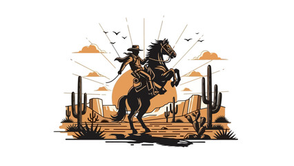 Silhouette of a cowboy on a rearing horse, set against a desert landscape with cacti and a rising sun.