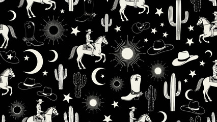 A whimsical black and white western-themed pattern featuring cowboys on horseback, cacti, cowboy boots, and celestial elements like moons and stars. © Nanda