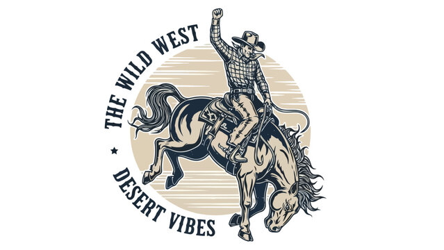 A vintage illustration of a cowboy riding a bucking bronco with "The Wild West Desert Vibes" text.