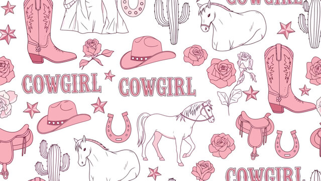 A charming pink and white pattern featuring cowgirl motifs like boots, hats, horses, cacti, and roses, perfect for Western-themed designs.