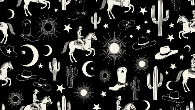 A whimsical black and white western-themed pattern featuring cowboys on horseback, cacti, cowboy boots, and celestial elements like moons and stars.