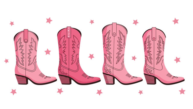 Four pink cowboy boots with intricate stitching and a star-studded background, all in a row.