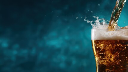 This stunning image features a refreshing golden beverage being poured into a glass, highlighting the dynamics of liquid movement, bubbles, and chill.