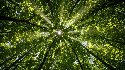 Sunlight filtering through dense forest canopy