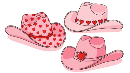 Three pink cowboy hats with heart patterns, perfect for Valentine's Day celebrations and themed events.