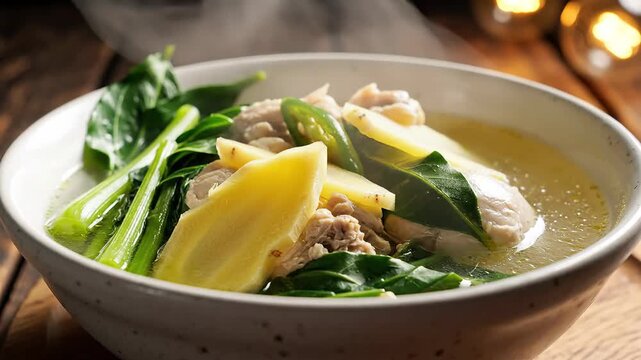 Delicious and comforting Filipino chicken ginger soup known as Tinola served in a rustic bowl with tender chicken pieces fresh green leafy vegetables and sliced chayote or green papaya perfect for a .
